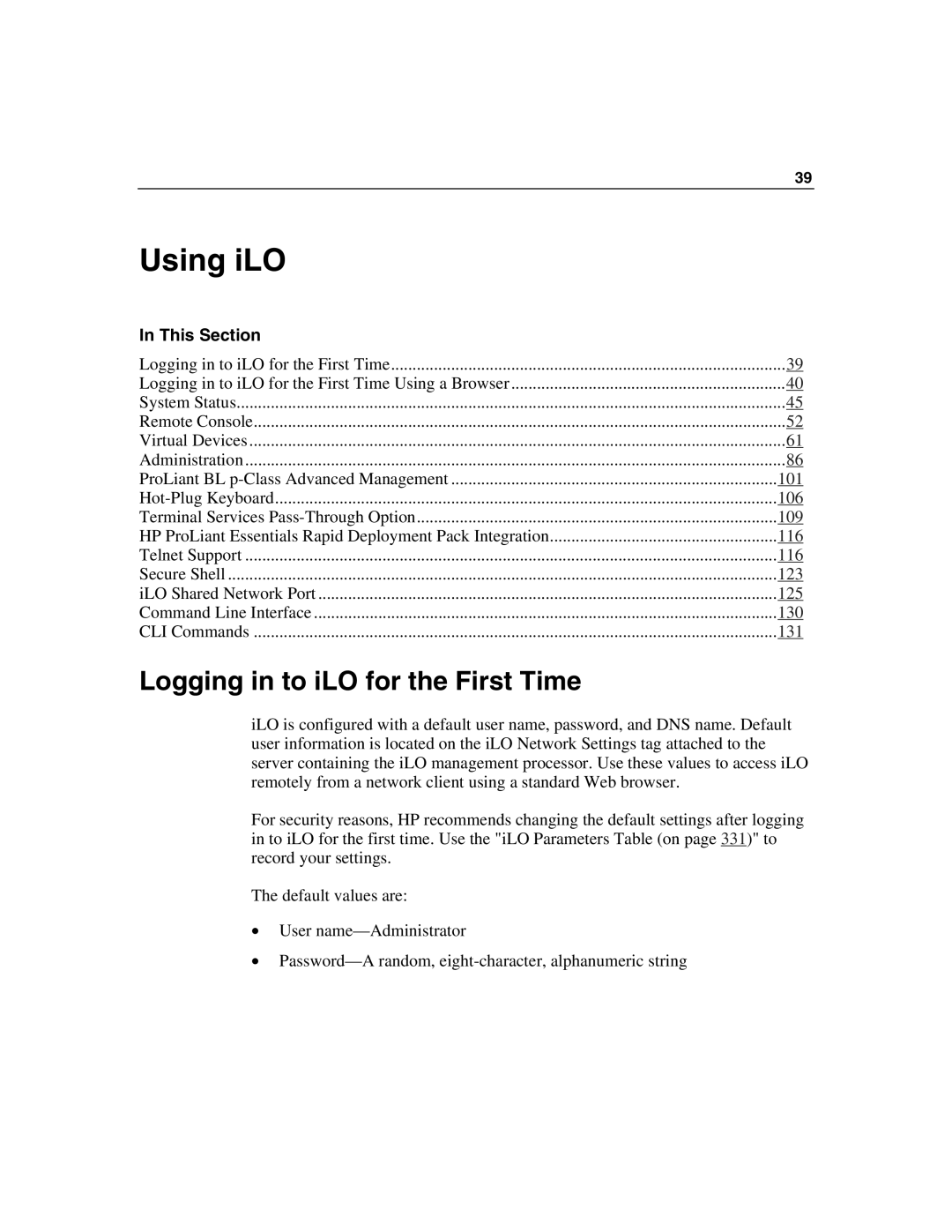 HP Integrated Lights-Out manual Using iLO, Logging in to iLO for the First Time 