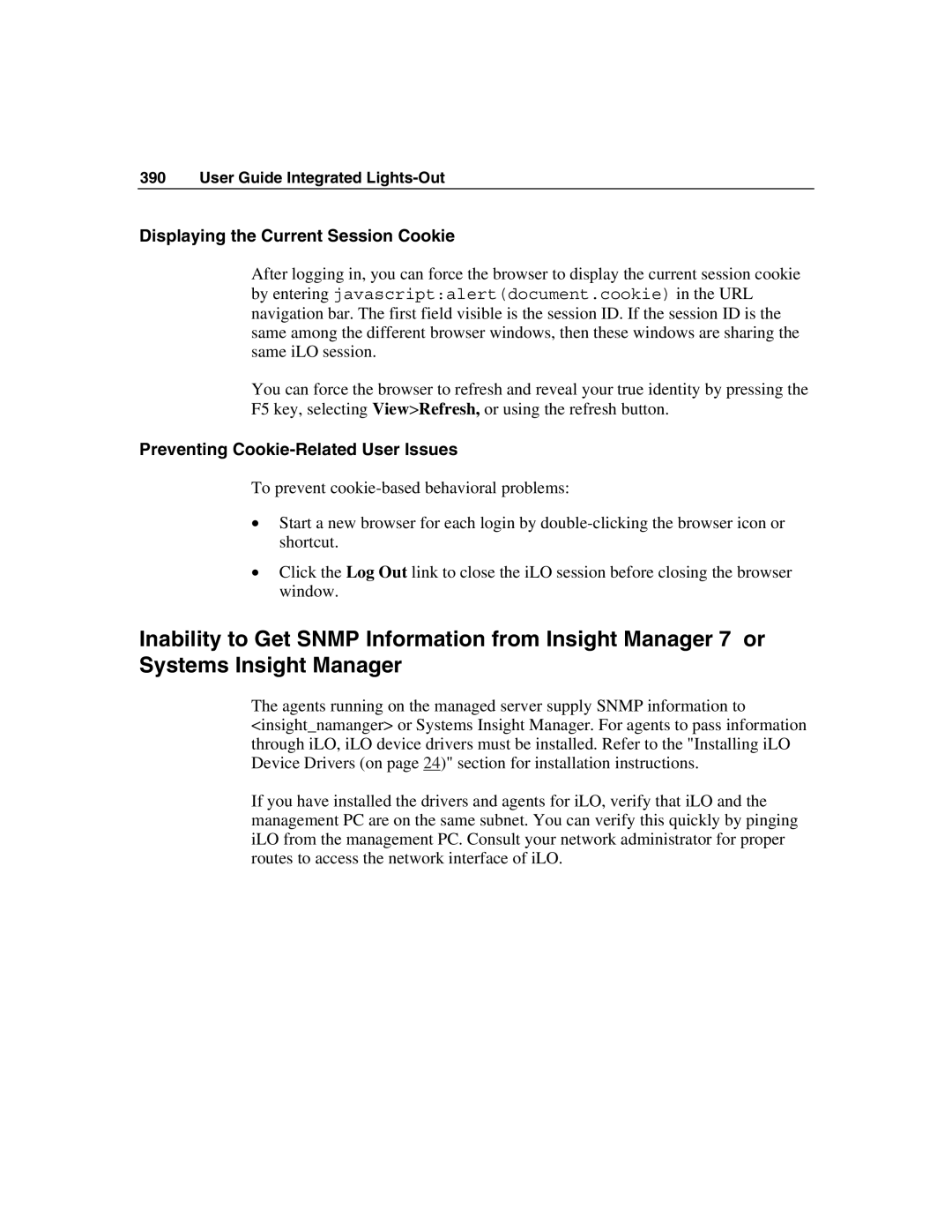 HP Integrated Lights-Out manual Displaying the Current Session Cookie, Preventing Cookie-Related User Issues 