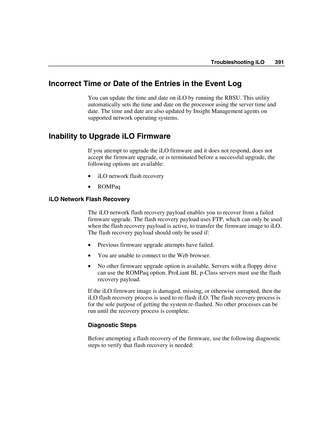 HP Integrated Lights-Out manual Incorrect Time or Date of the Entries in the Event Log, Inability to Upgrade iLO Firmware 