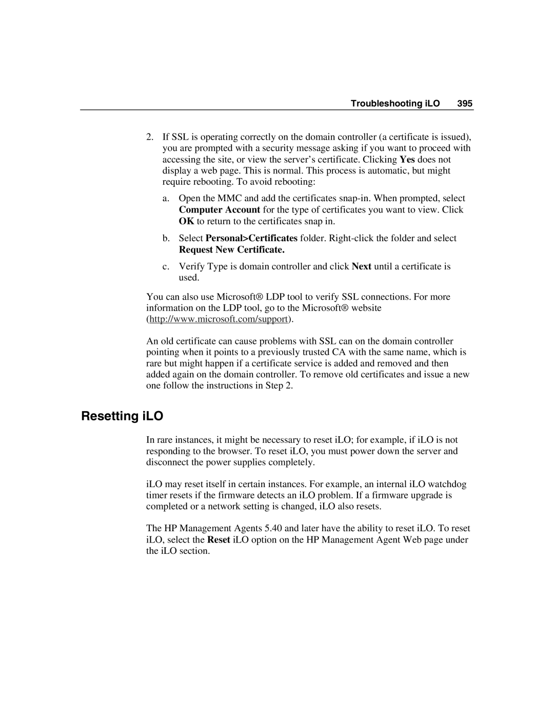 HP Integrated Lights-Out manual Resetting iLO, Request New Certificate 