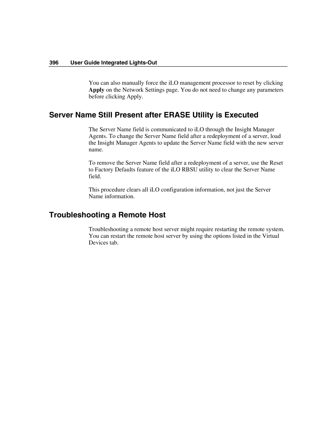 HP Integrated Lights-Out manual Server Name Still Present after Erase Utility is Executed, Troubleshooting a Remote Host 