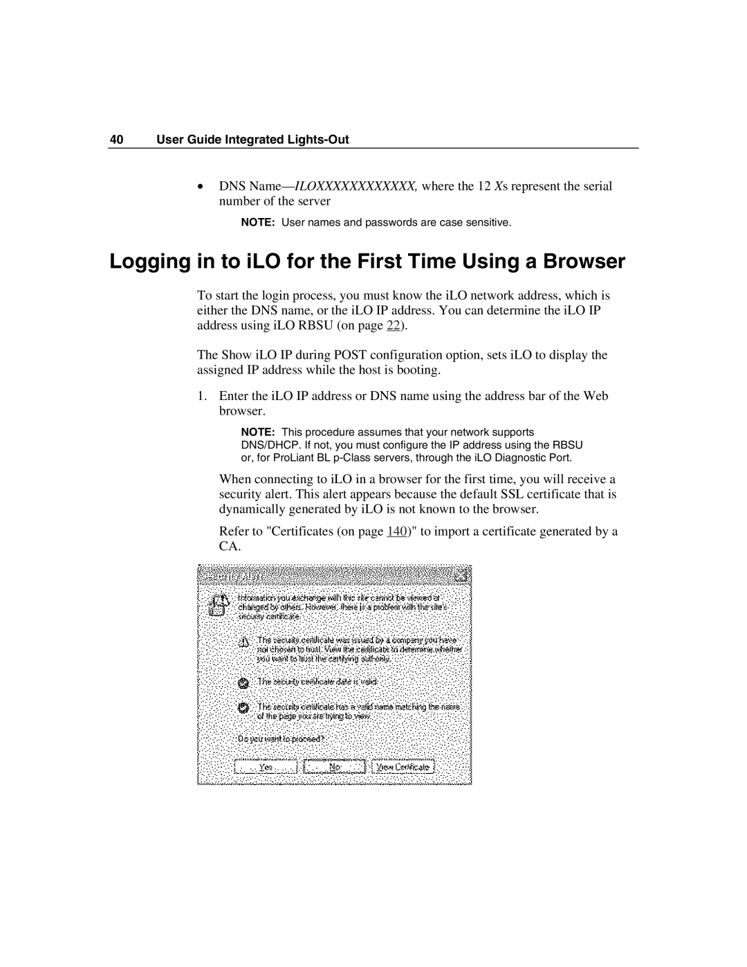 HP Integrated Lights-Out manual Logging in to iLO for the First Time Using a Browser 