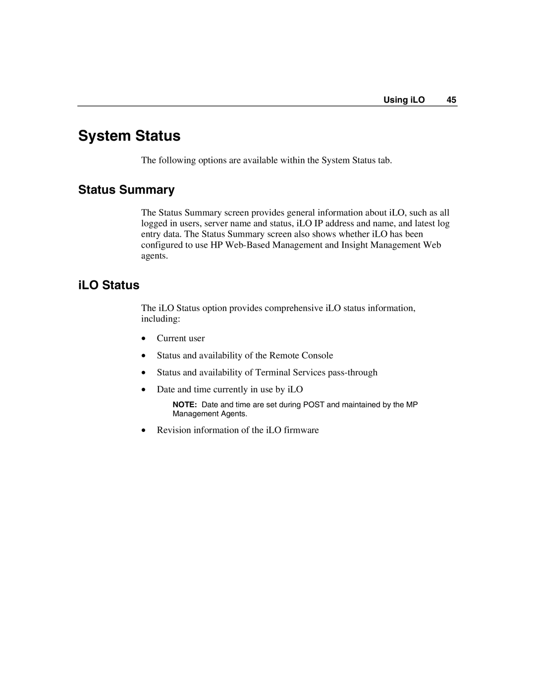 HP Integrated Lights-Out manual System Status, Status Summary, ILO Status 