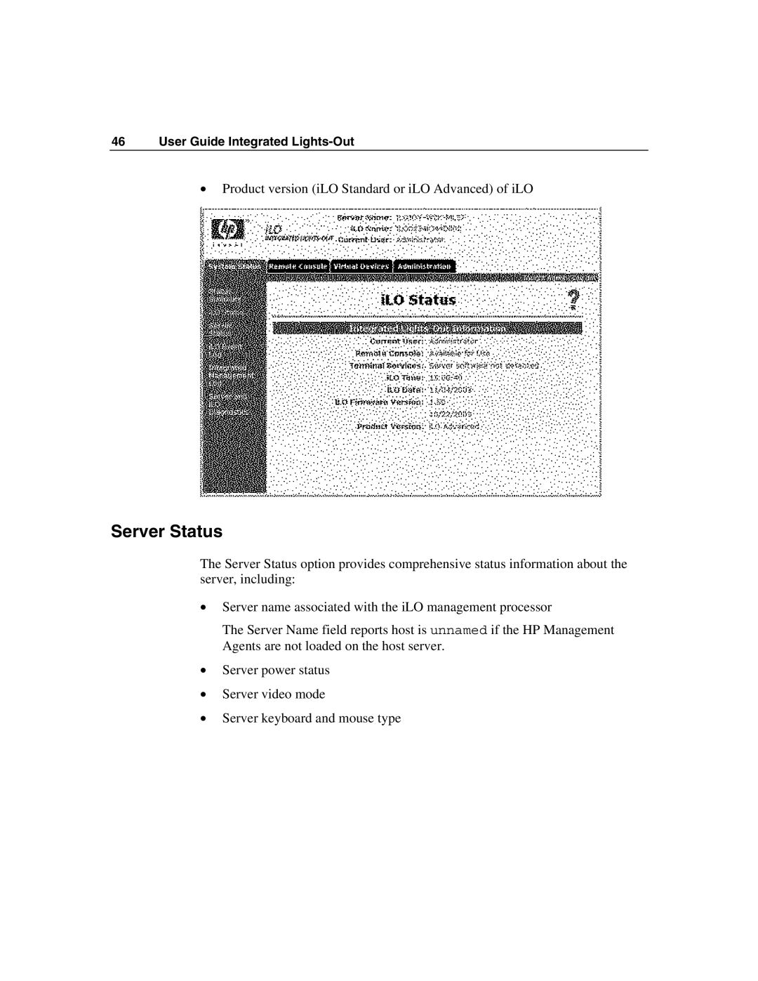 HP Integrated Lights-Out manual Server Status 