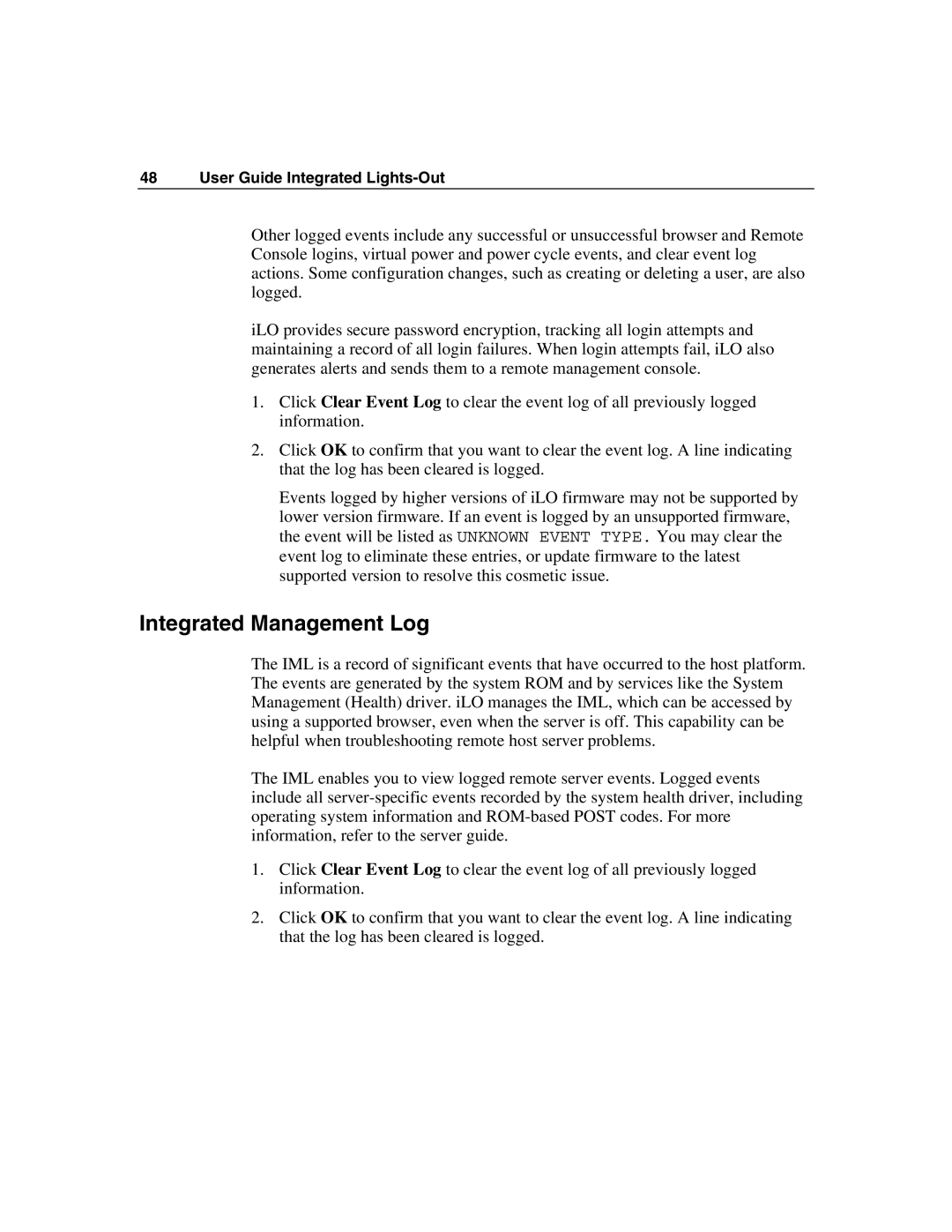 HP Integrated Lights-Out manual Integrated Management Log 