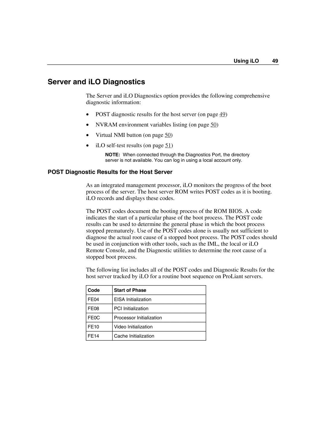 HP Integrated Lights-Out manual Server and iLO Diagnostics, Post Diagnostic Results for the Host Server 