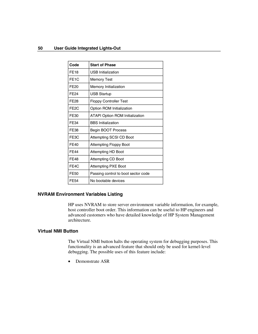 HP Integrated Lights-Out manual Nvram Environment Variables Listing, Virtual NMI Button 