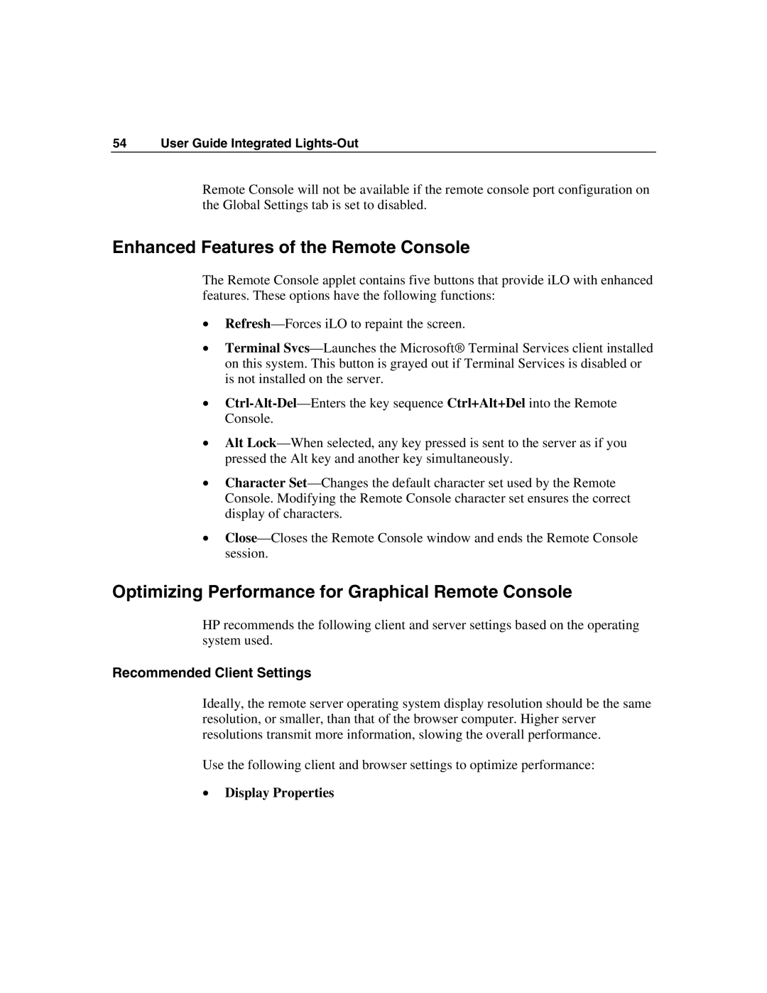 HP Integrated Lights-Out Enhanced Features of the Remote Console, Optimizing Performance for Graphical Remote Console 