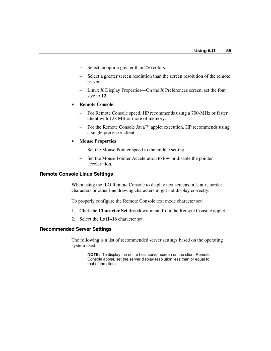 HP Integrated Lights-Out manual Mouse Properties, Remote Console Linux Settings, Recommended Server Settings 