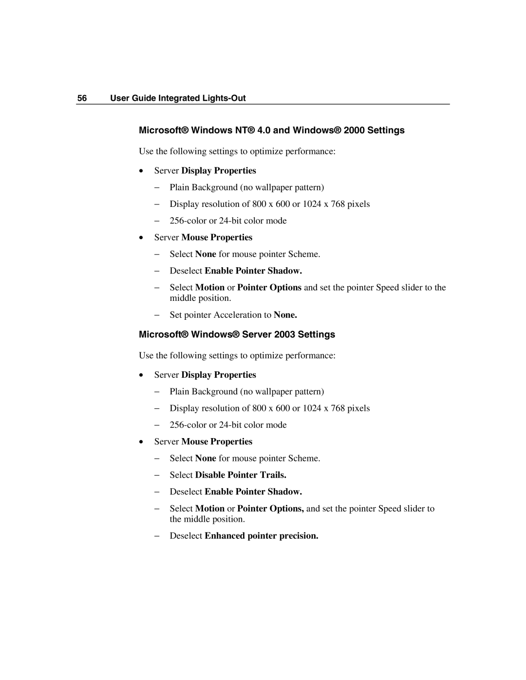 HP Integrated Lights-Out manual Microsoft Windows NT 4.0 and Windows 2000 Settings, Microsoft Windows Server 2003 Settings 