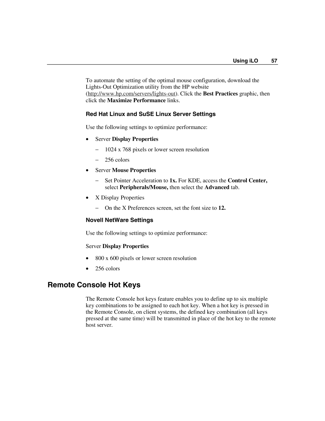 HP Integrated Lights-Out Remote Console Hot Keys, Red Hat Linux and SuSE Linux Server Settings, Novell NetWare Settings 