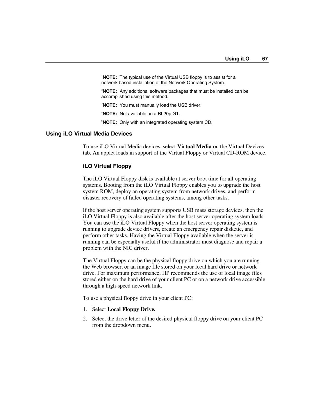 HP Integrated Lights-Out manual Using iLO Virtual Media Devices, ILO Virtual Floppy, Select Local Floppy Drive 