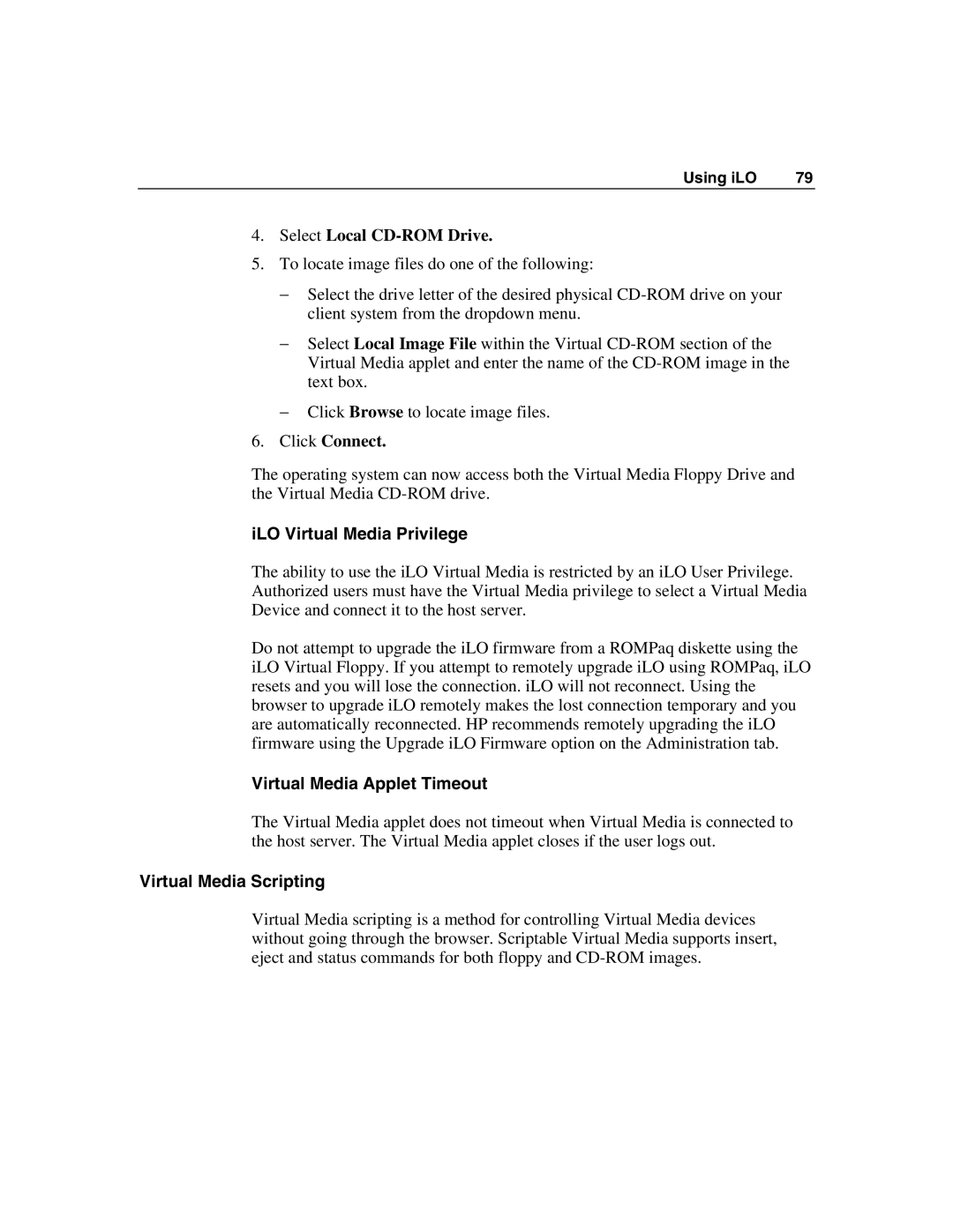 HP Integrated Lights-Out manual ILO Virtual Media Privilege, Virtual Media Applet Timeout, Virtual Media Scripting 