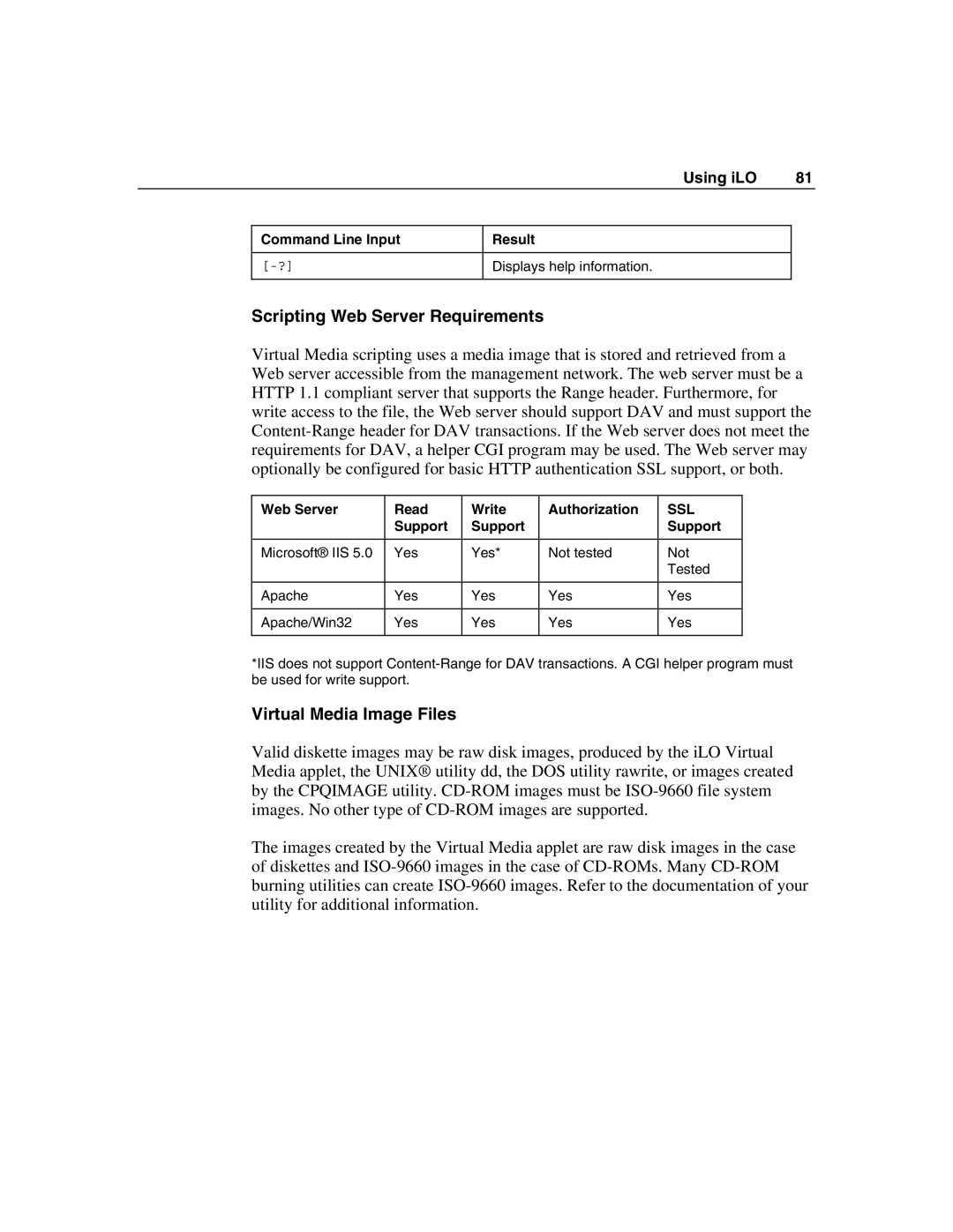 HP Integrated Lights-Out manual Scripting Web Server Requirements, Virtual Media Image Files 