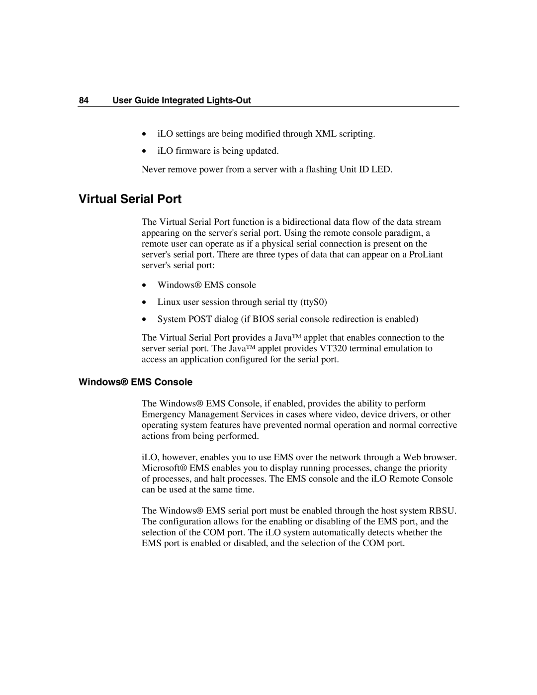 HP Integrated Lights-Out manual Virtual Serial Port, Windows EMS Console 