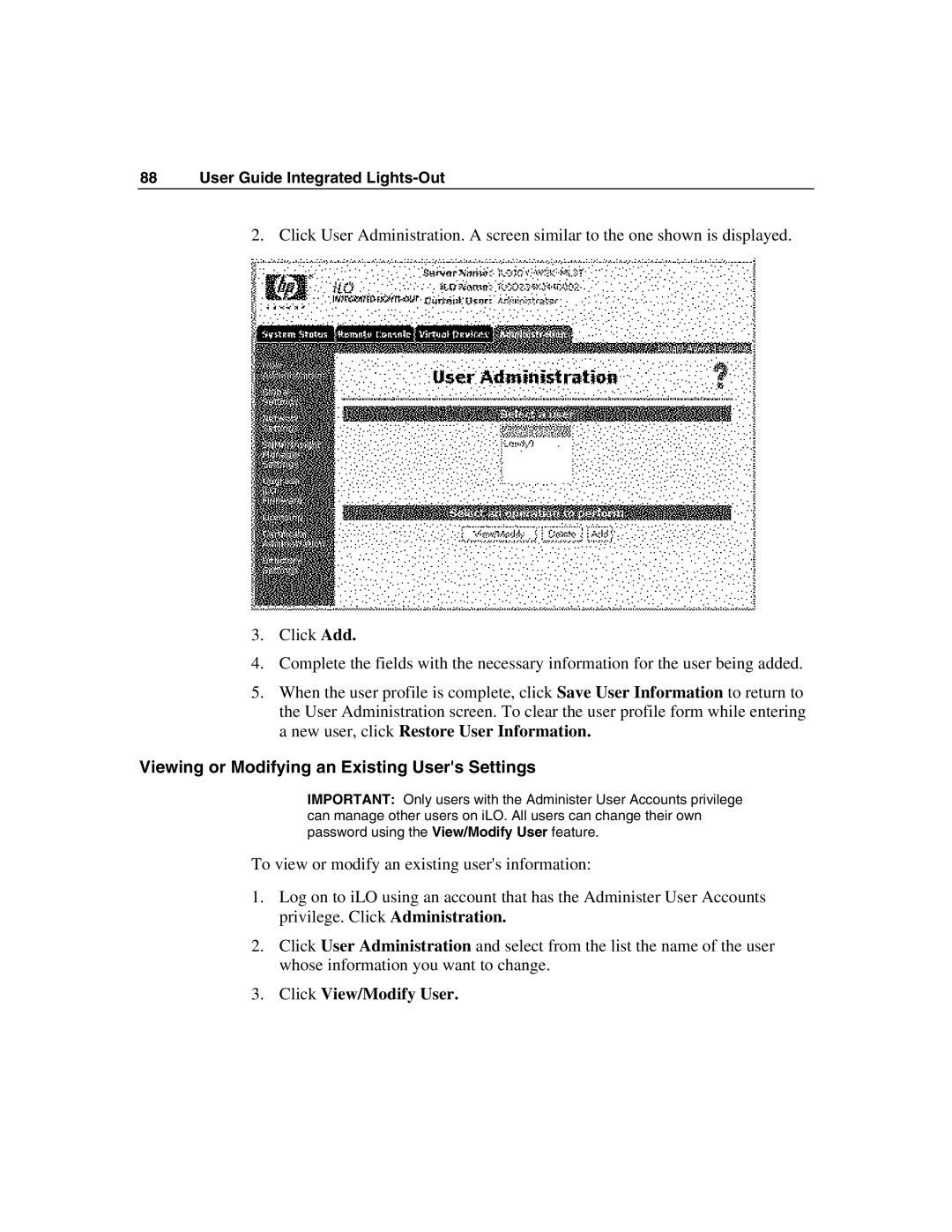 HP Integrated Lights-Out manual Viewing or Modifying an Existing Users Settings, Click View/Modify User 