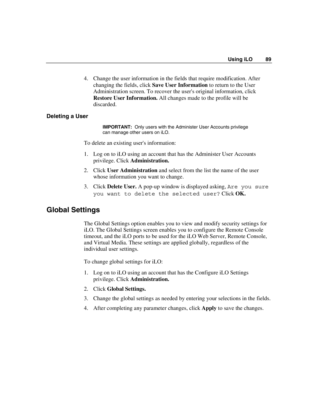 HP Integrated Lights-Out manual Deleting a User, Click Global Settings 