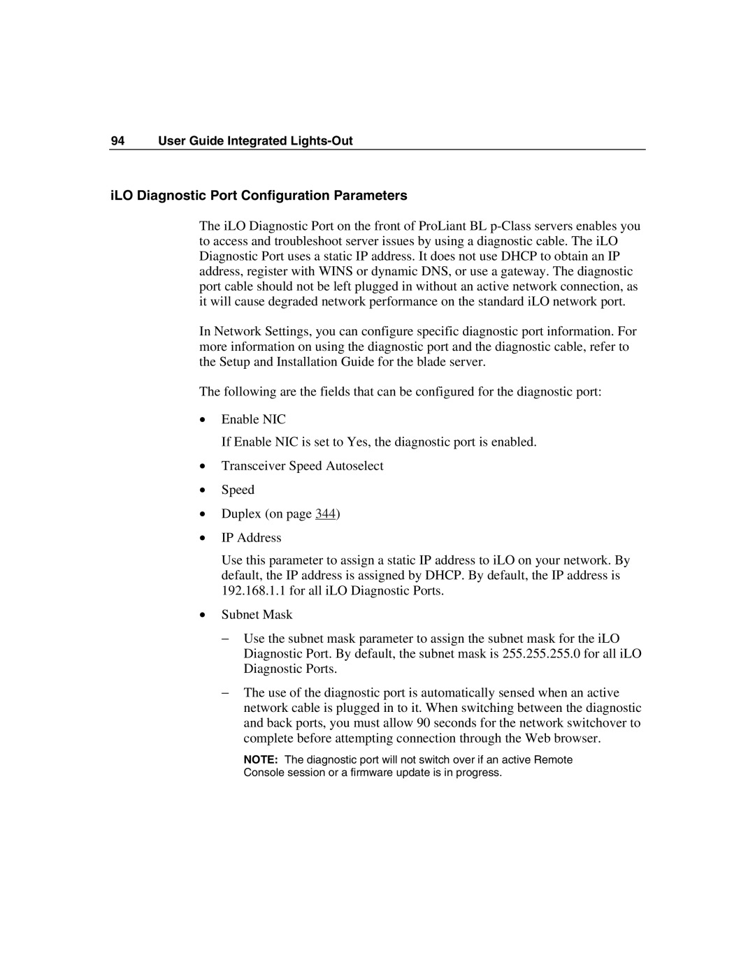 HP Integrated Lights-Out manual ILO Diagnostic Port Configuration Parameters 