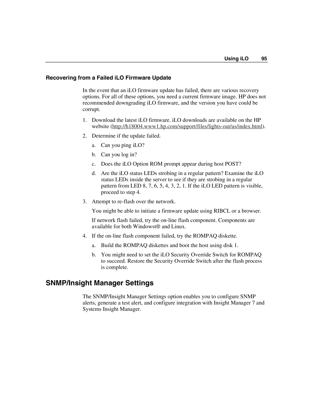 HP Integrated Lights-Out manual SNMP/Insight Manager Settings, Recovering from a Failed iLO Firmware Update 