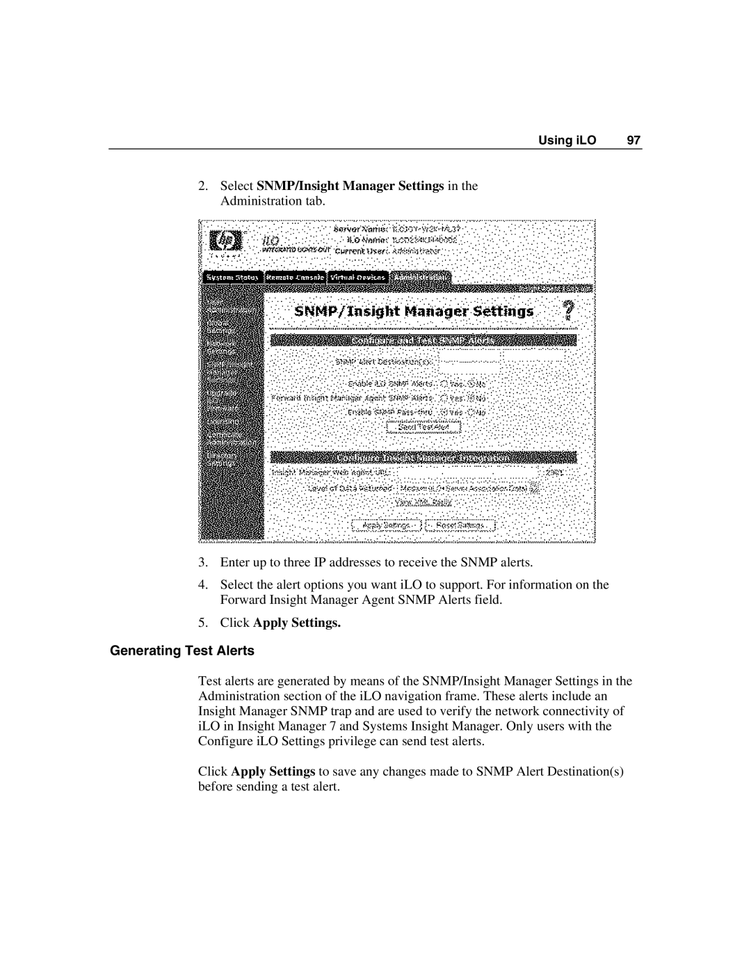 HP Integrated Lights-Out manual Click Apply Settings, Generating Test Alerts 