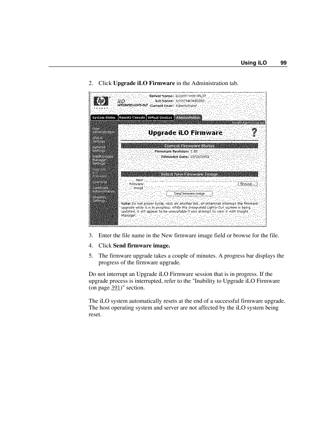 HP Integrated Lights-Out manual Click Send firmware image 