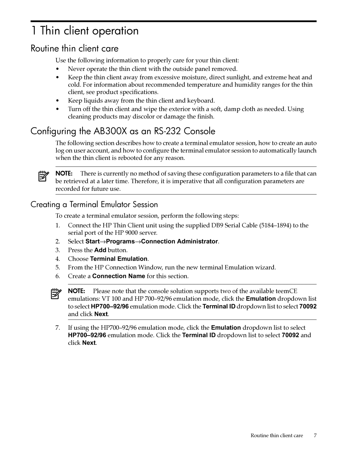 HP Integrity Bundles manual Thin client operation, Routine thin client care, Configuring the AB300X as an RS-232 Console 