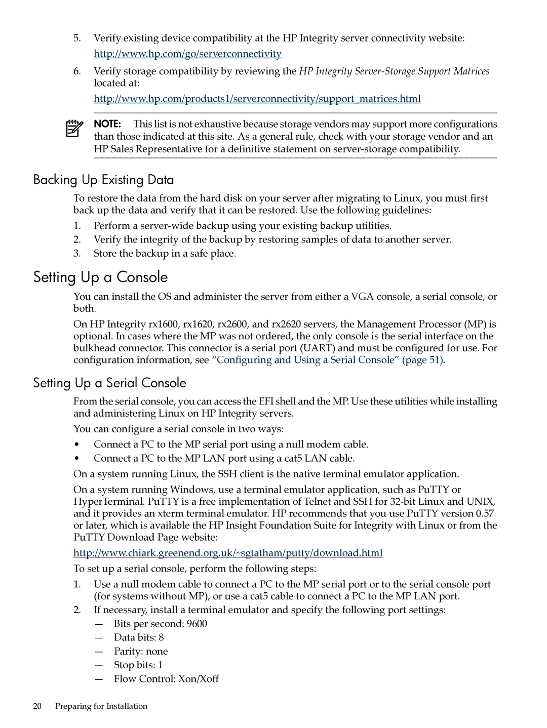 HP Integrity Essentials Pack for Linux Software manual Setting Up a Console, Backing Up Existing Data 