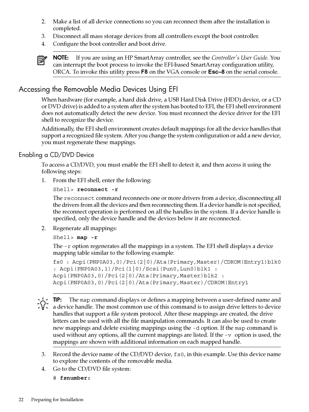 HP Integrity Essentials Pack for Linux Software manual Accessing the Removable Media Devices Using EFI, Shell reconnect -r 