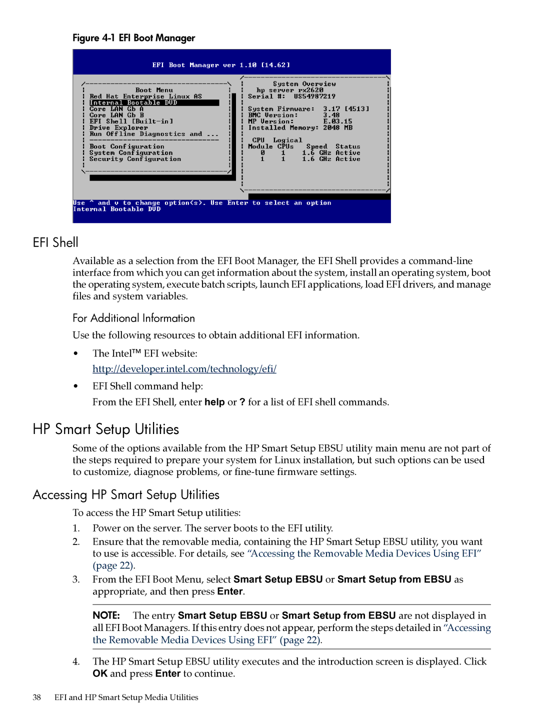 HP Integrity Essentials Pack for Linux Software manual EFI Shell, Accessing HP Smart Setup Utilities 