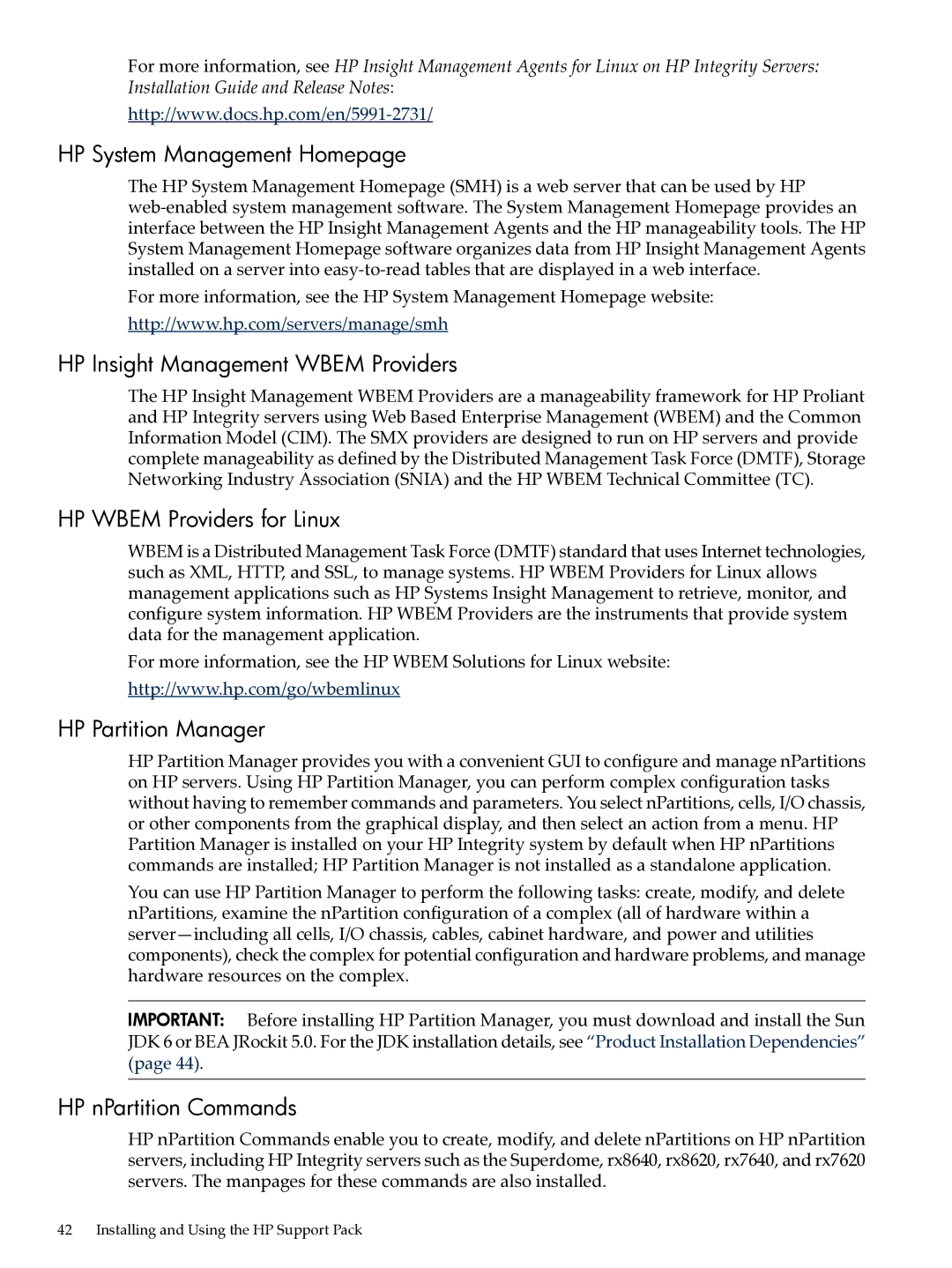 HP Integrity Essentials Pack for Linux Software manual HP System Management Homepage, HP Insight Management Wbem Providers 