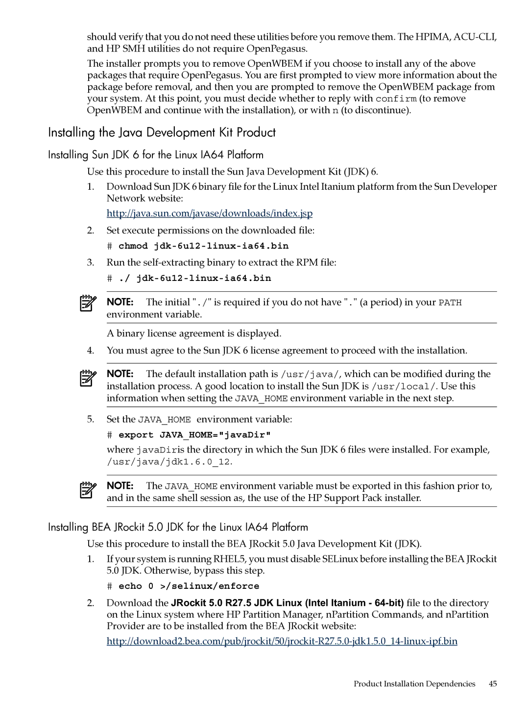 HP Integrity Essentials Pack for Linux Software Installing the Java Development Kit Product, # ./ jdk-6u12-linux-ia64.bin 