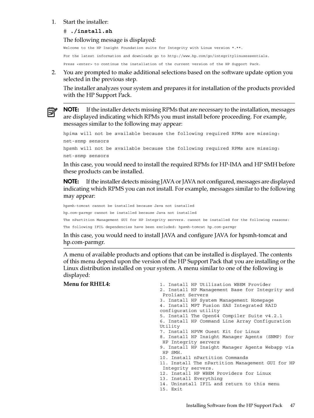 HP Integrity Essentials Pack for Linux Software manual # ./install.sh, Menu for RHEL4 