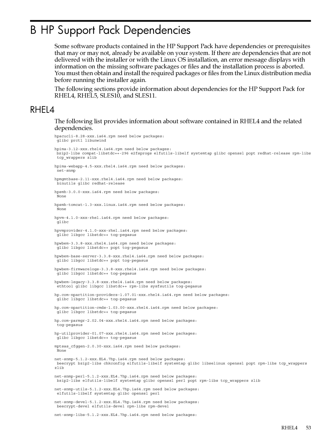 HP Integrity Essentials Pack for Linux Software manual HP Support Pack Dependencies, RHEL4 