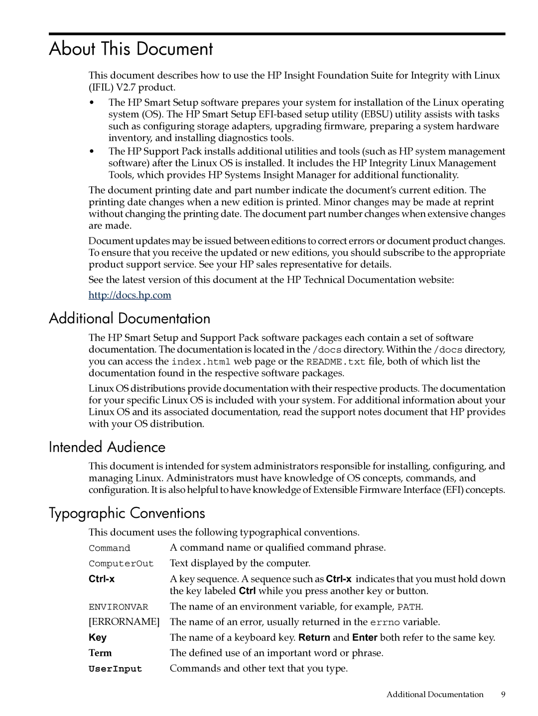 HP Integrity Essentials Pack for Linux Software manual About This Document, Additional Documentation, Intended Audience 