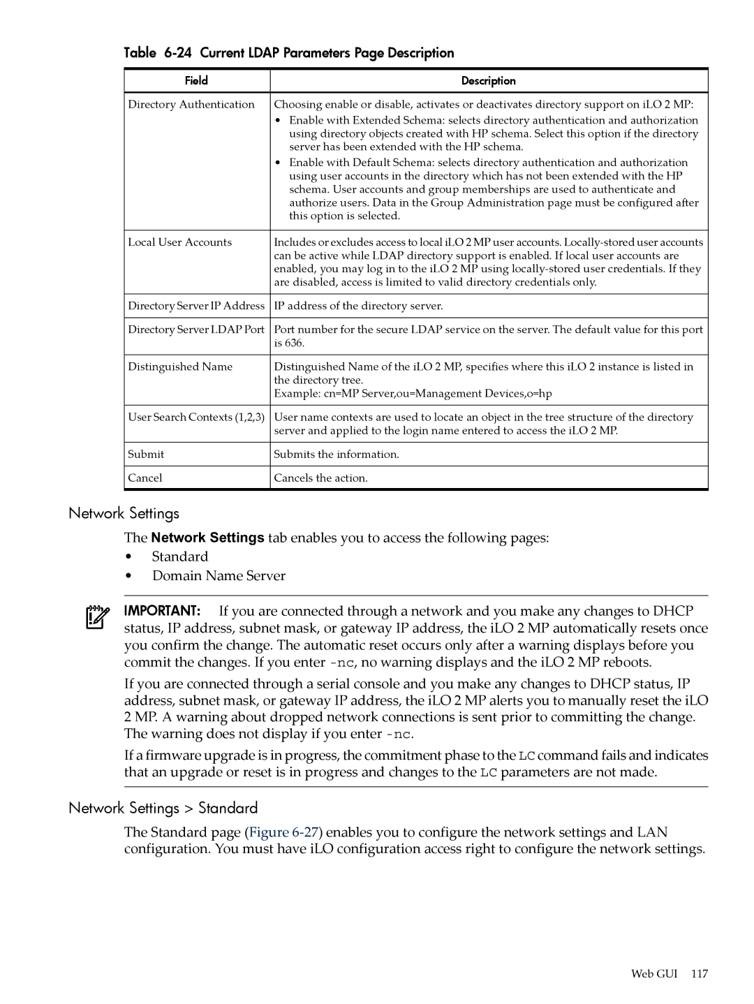 HP Integrity iLO 2 MP 5991-6005 manual Network Settings Standard, Current Ldap Parameters Page Description 