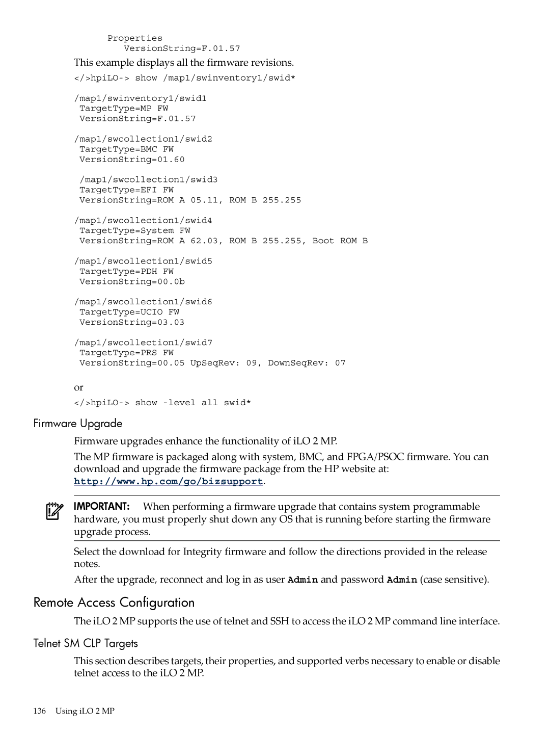 HP Integrity iLO 2 MP 5991-6005 manual Remote Access Configuration, Telnet SM CLP Targets 