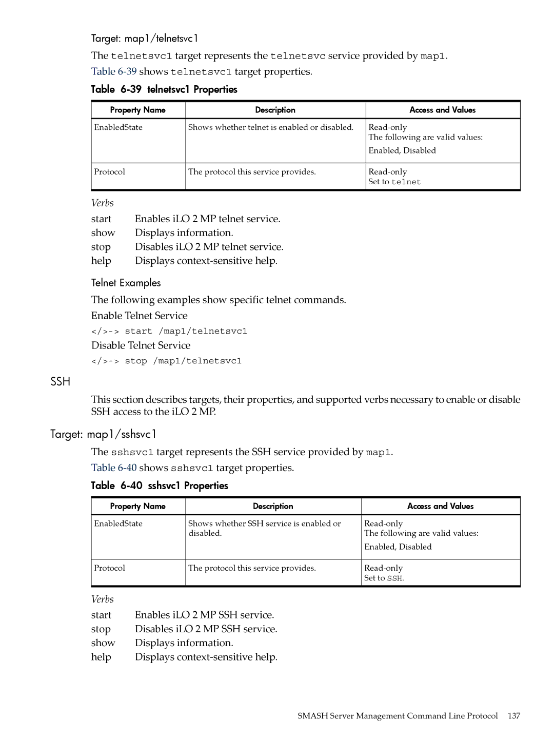 HP Integrity iLO 2 MP 5991-6005 manual Target map1/sshsvc1, Disable Telnet Service 