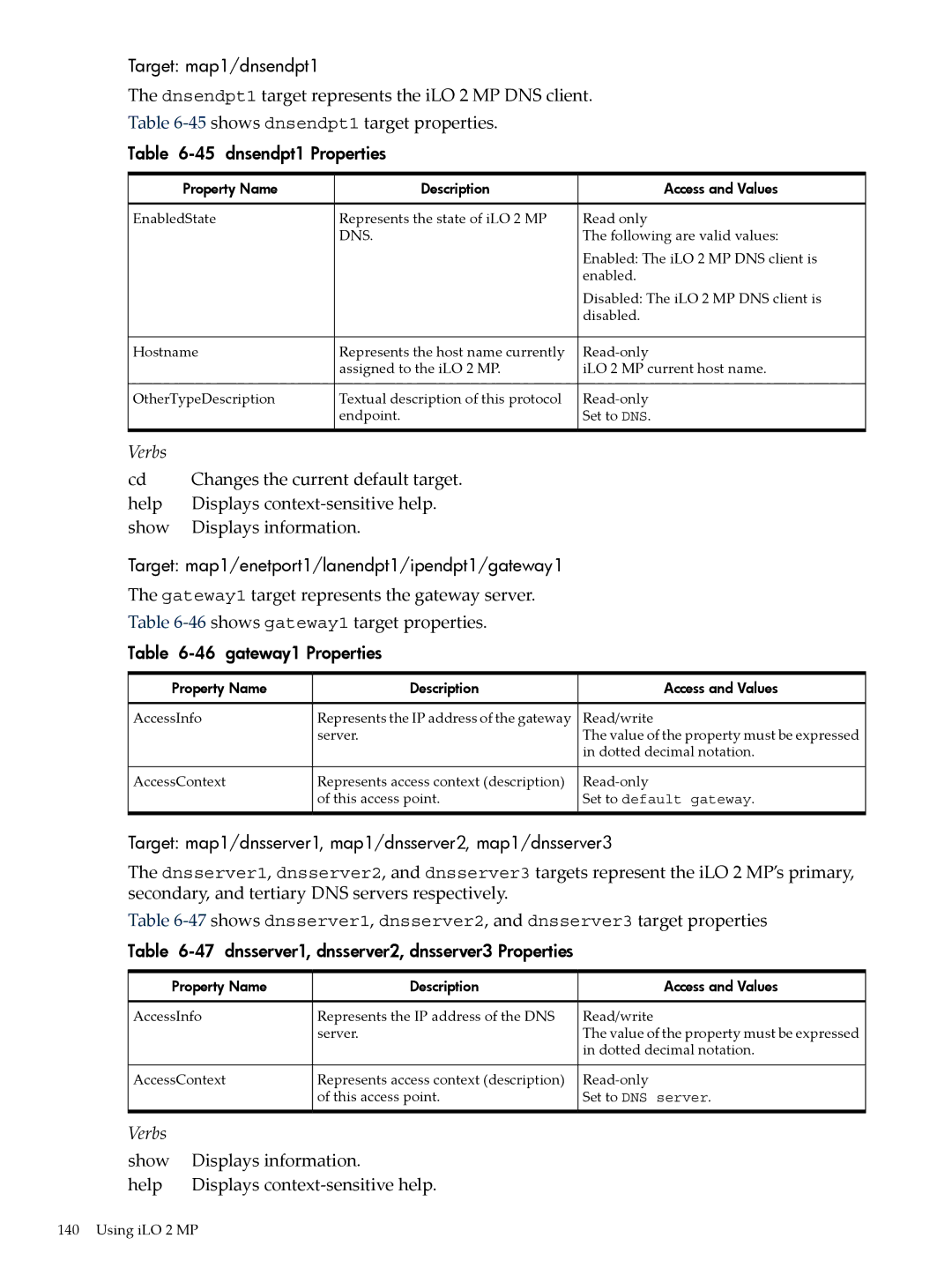 HP Integrity iLO 2 MP 5991-6005 manual Target map1/dnsendpt1, Dnsendpt1 Properties, gateway1 Properties 