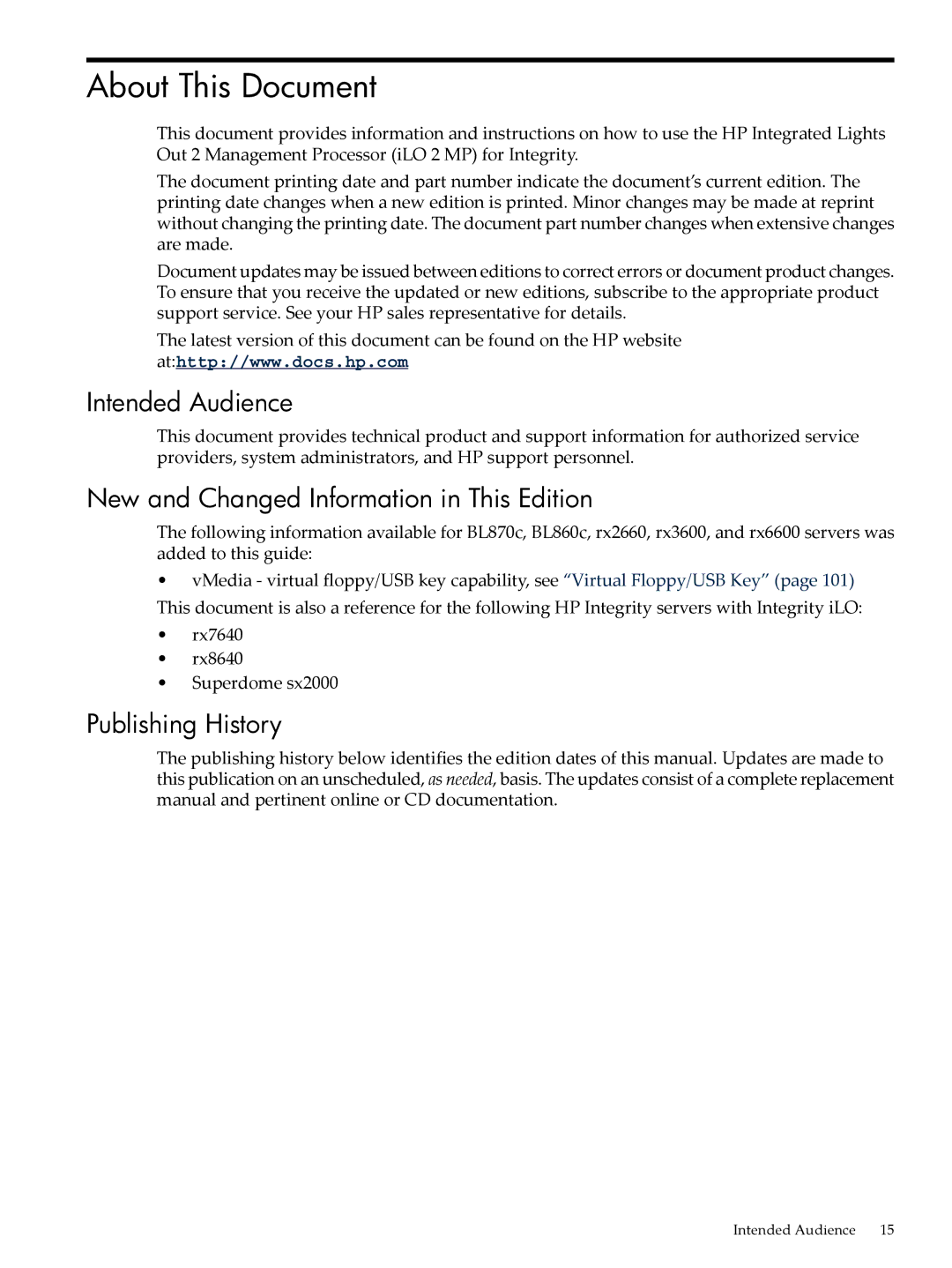 HP Integrity iLO 2 MP 5991-6005 manual Intended Audience, New and Changed Information in This Edition, Publishing History 