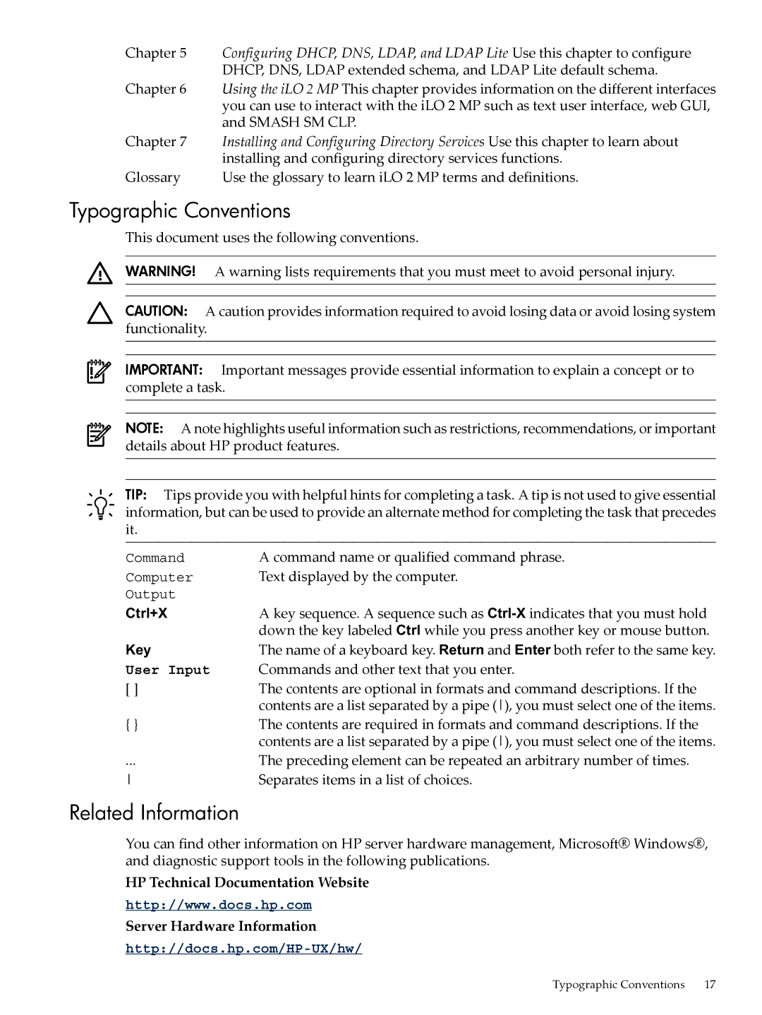 HP Integrity iLO 2 MP 5991-6005 manual Typographic Conventions, Related Information 