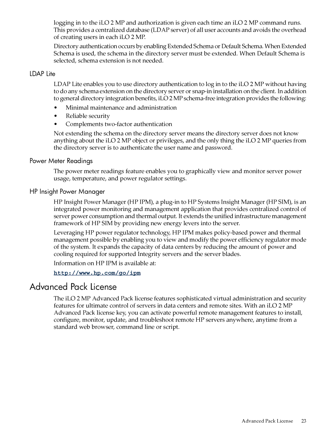 HP Integrity iLO 2 MP 5991-6005 manual Advanced Pack License, Ldap Lite, Power Meter Readings, HP Insight Power Manager 