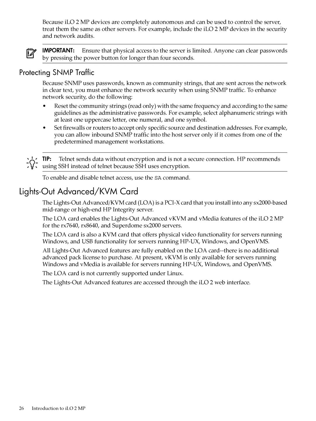 HP Integrity iLO 2 MP 5991-6005 manual Lights-Out Advanced/KVM Card, Protecting Snmp Traffic 