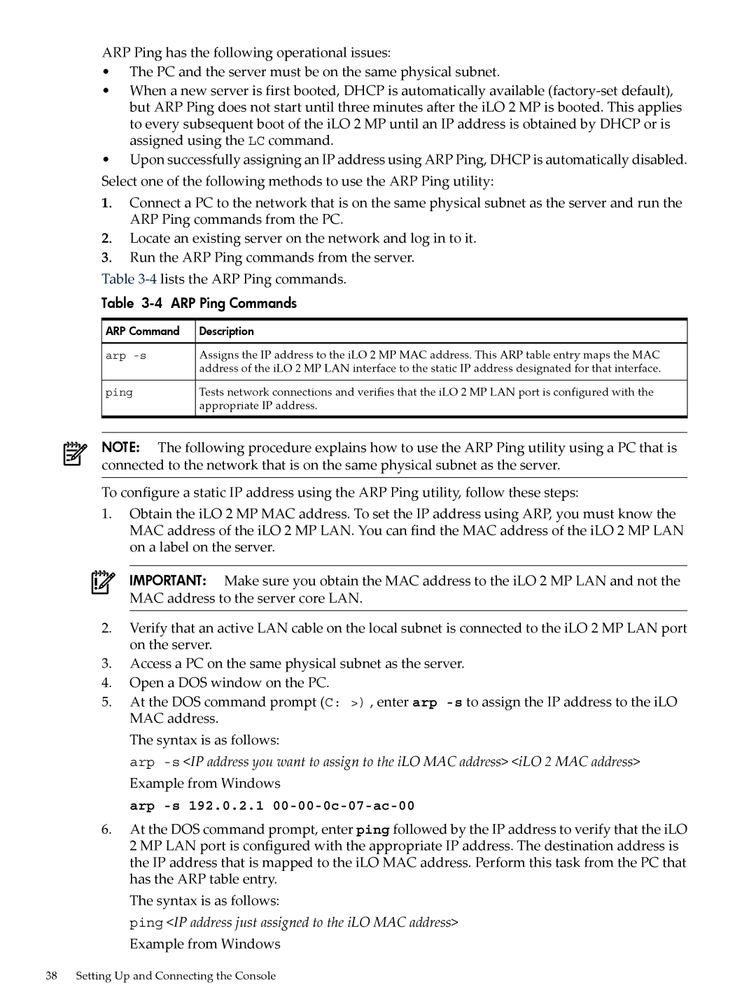 HP Integrity iLO 2 MP 5991-6005 manual ARP Ping Commands, Appropriate IP address 