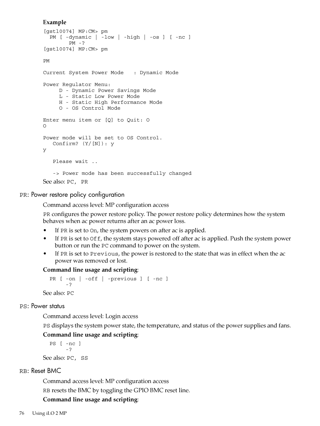 HP Integrity iLO 2 MP 5991-6005 manual PR Power restore policy configuration, PS Power status, RB Reset BMC 