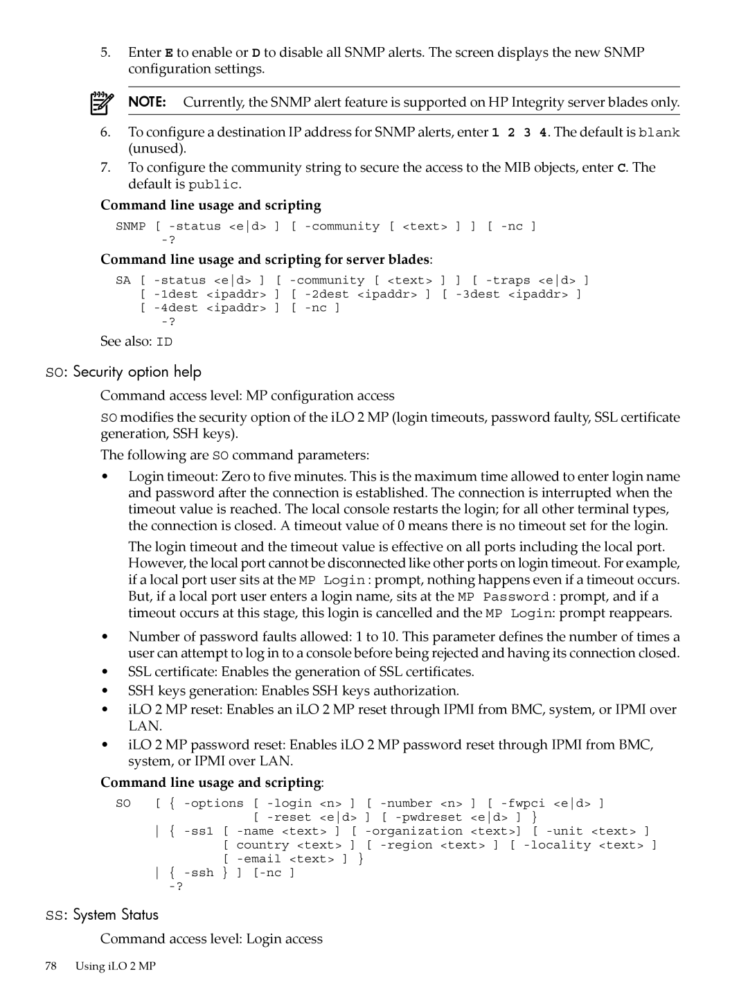 HP Integrity iLO 2 MP 5991-6005 manual SO Security option help, SS System Status, See also ID 