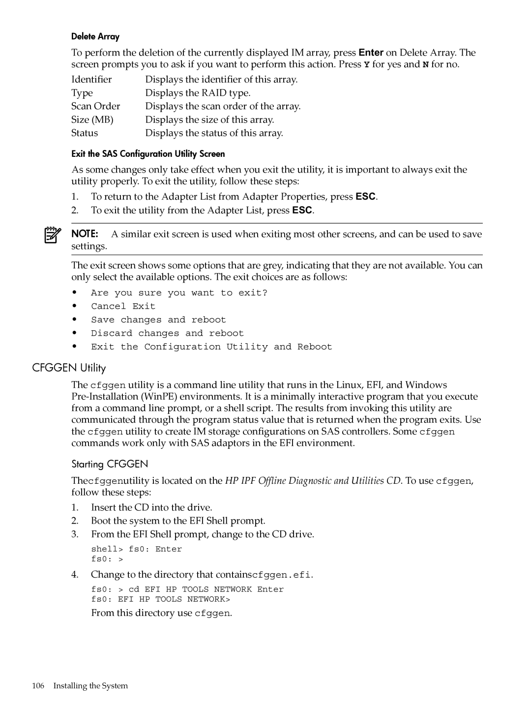 HP INTEGRITY RX3600 manual Cfggen Utility, Starting Cfggen, Change to the directory that containscfggen.efi 