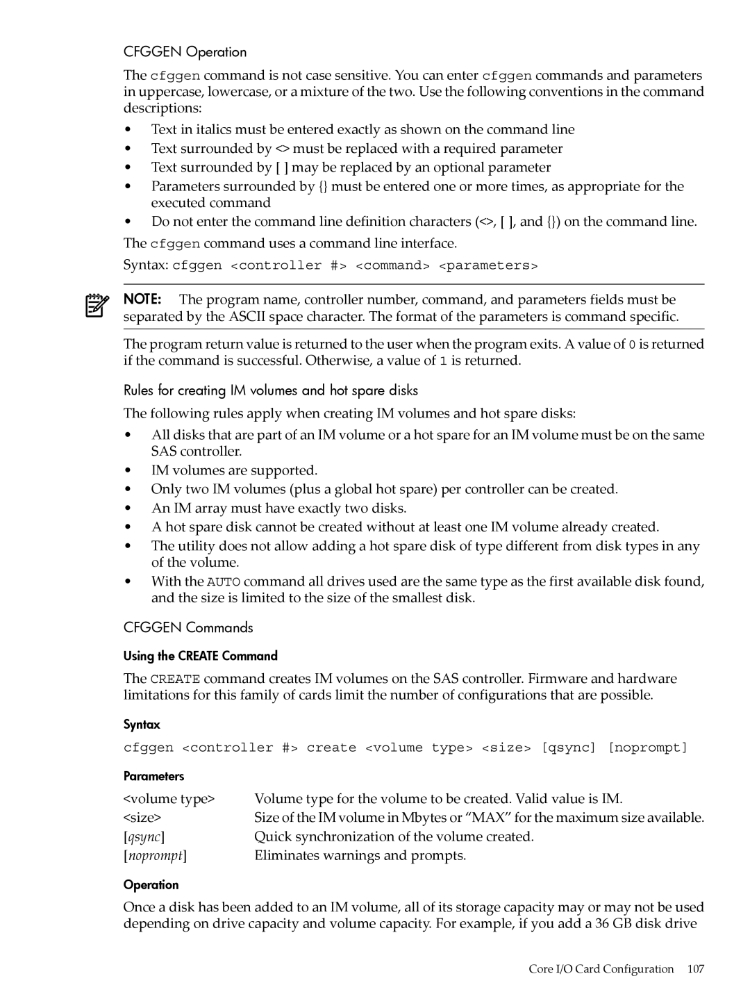 HP INTEGRITY RX3600 manual Cfggen Operation, Rules for creating IM volumes and hot spare disks, Cfggen Commands 