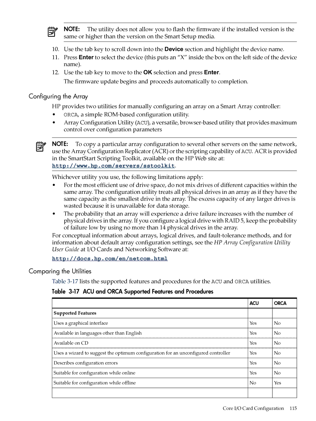 HP INTEGRITY RX3600 manual Configuring the Array, Comparing the Utilities, ACU and Orca Supported Features and Procedures 