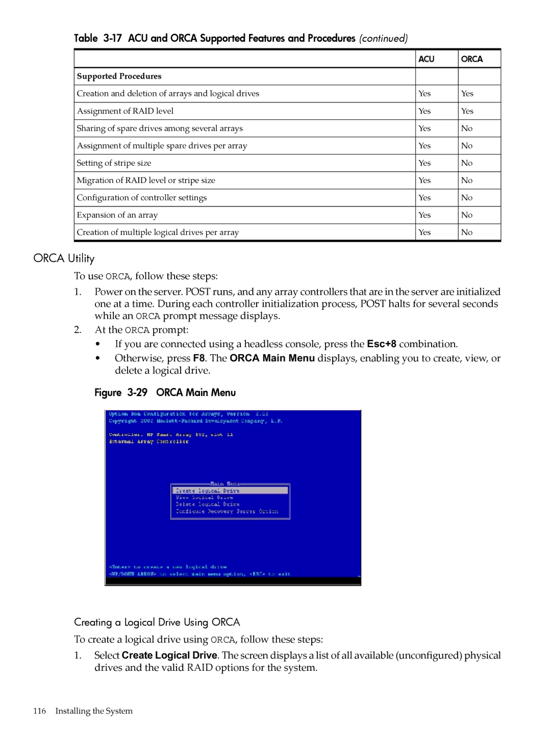 HP INTEGRITY RX3600 manual Orca Utility, Orca Main Menu Creating a Logical Drive Using Orca 