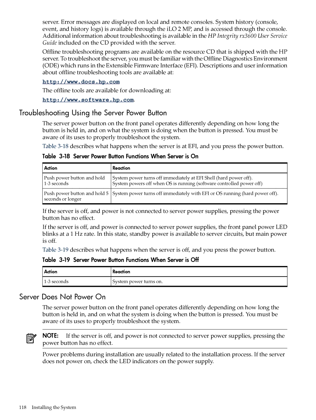 HP INTEGRITY RX3600 manual Troubleshooting Using the Server Power Button, Server Does Not Power On 